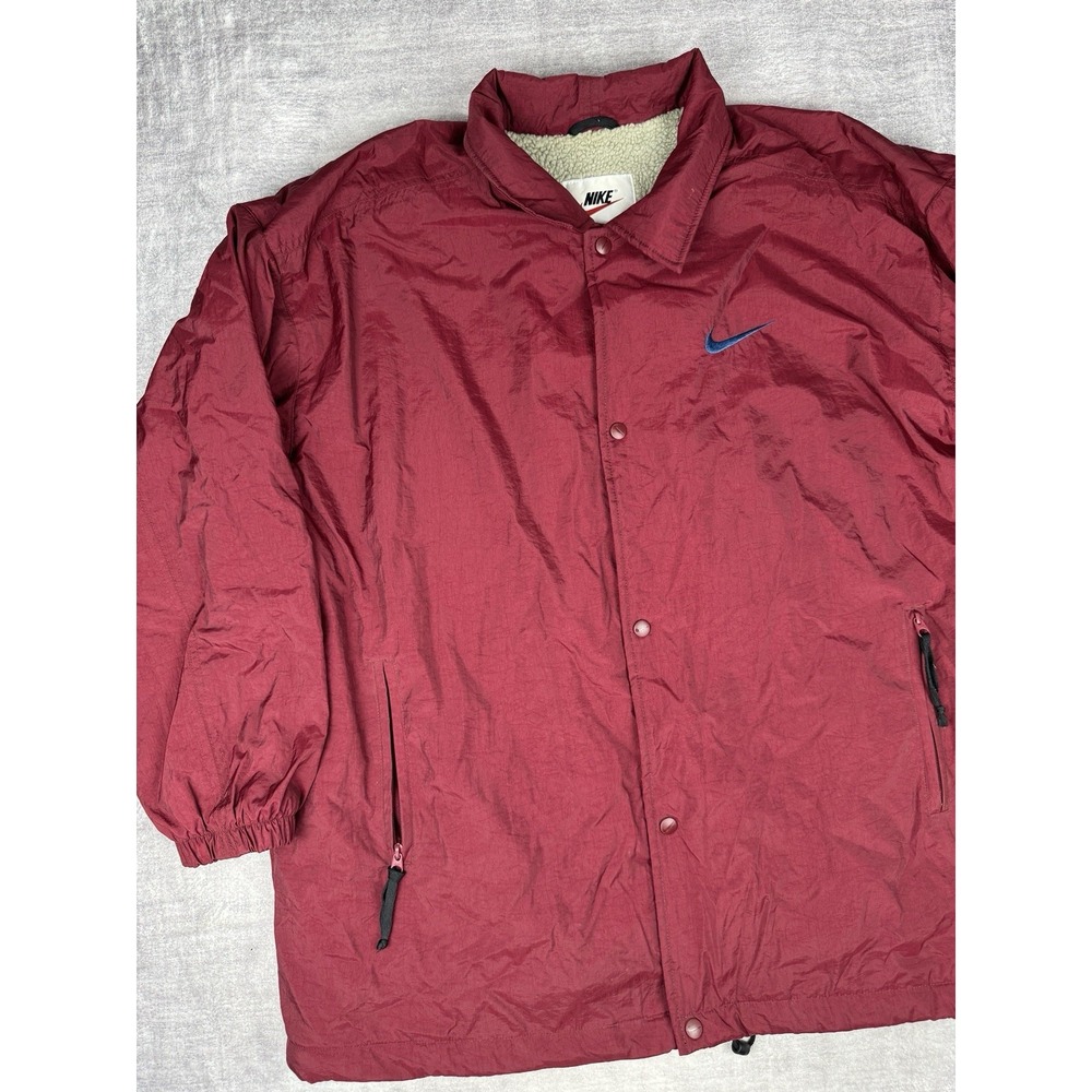 Vtg Nike‎ Jacket Mens Large Red Sherpa Lined Snap Front Spell Out Parka Swoosh